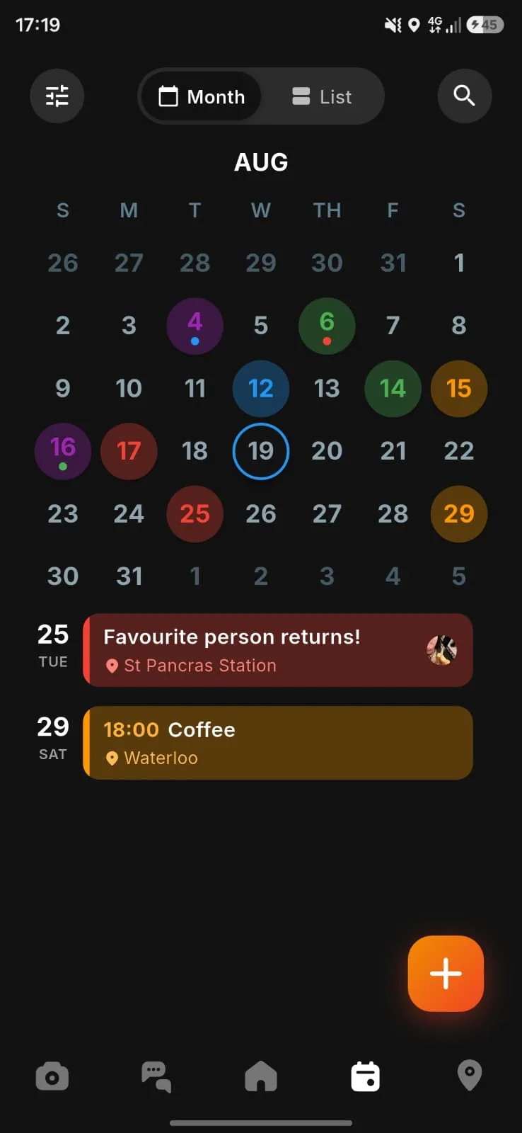 The month view of the calendar with coloured events