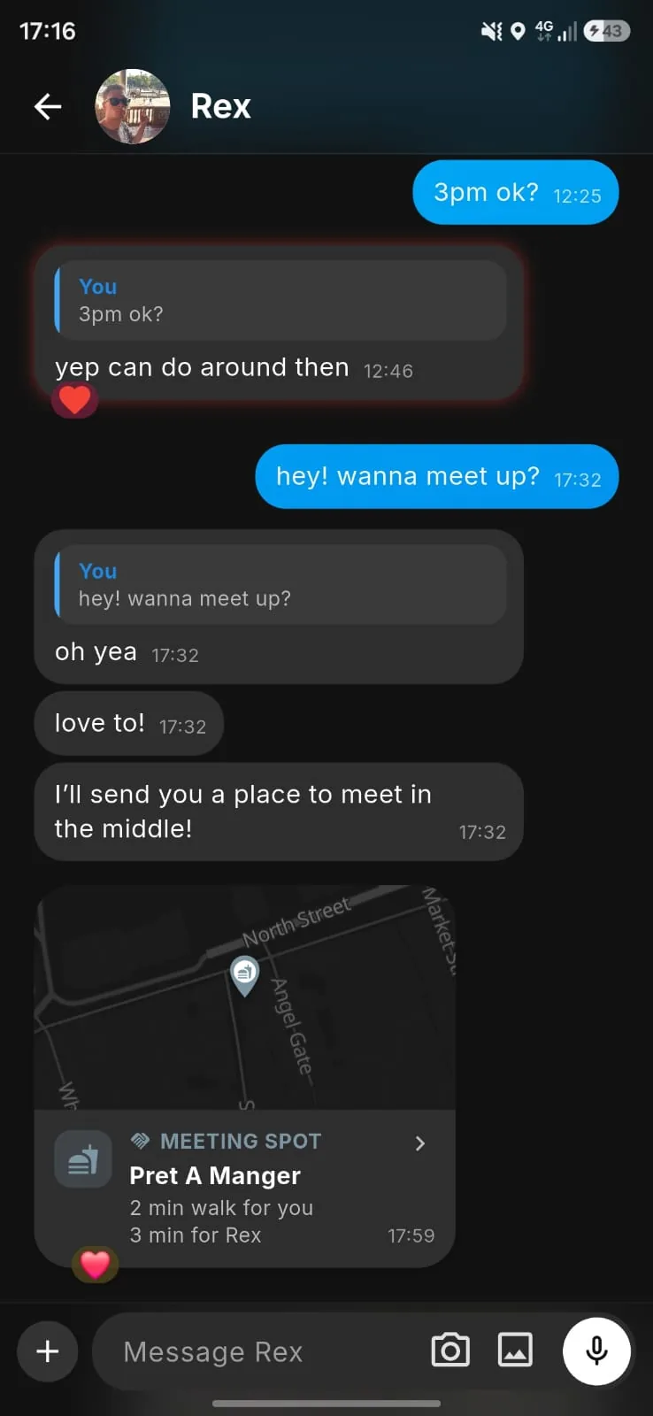 A conversation with a meeting spot card suggesting a venue between two people