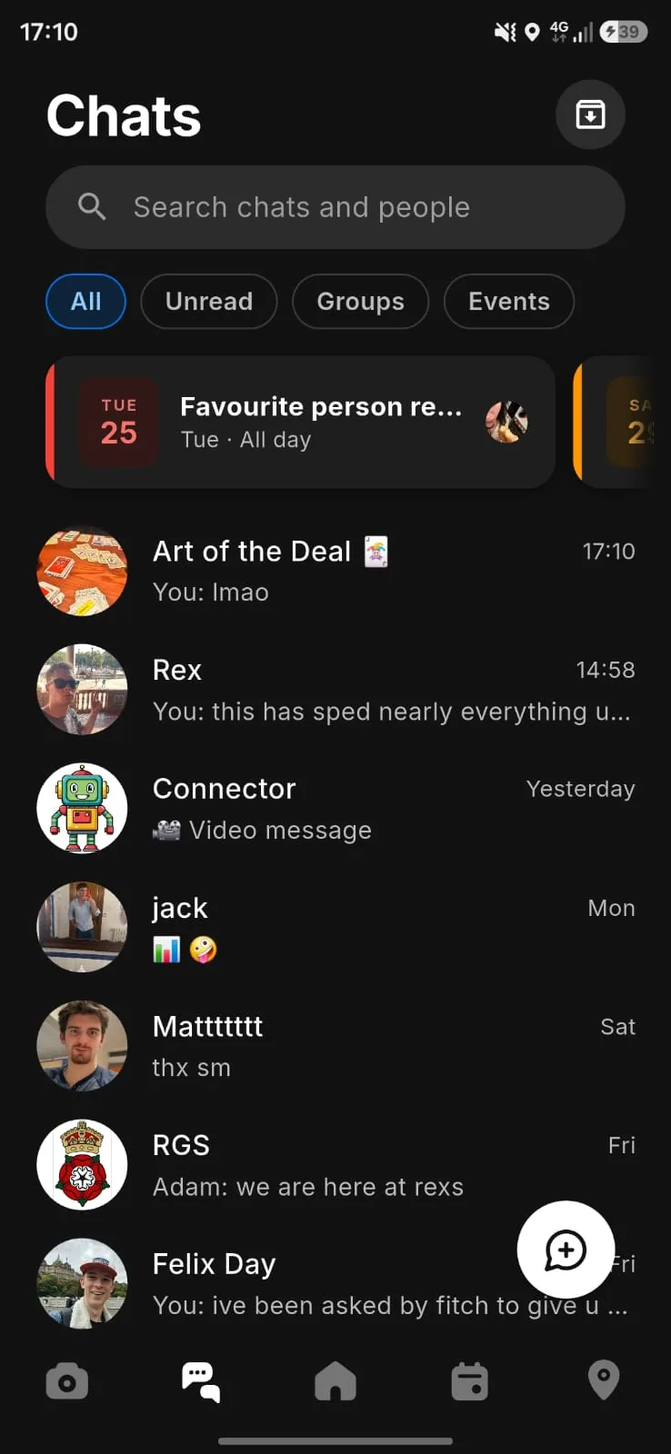 The chats tab: filters for unread, groups and events