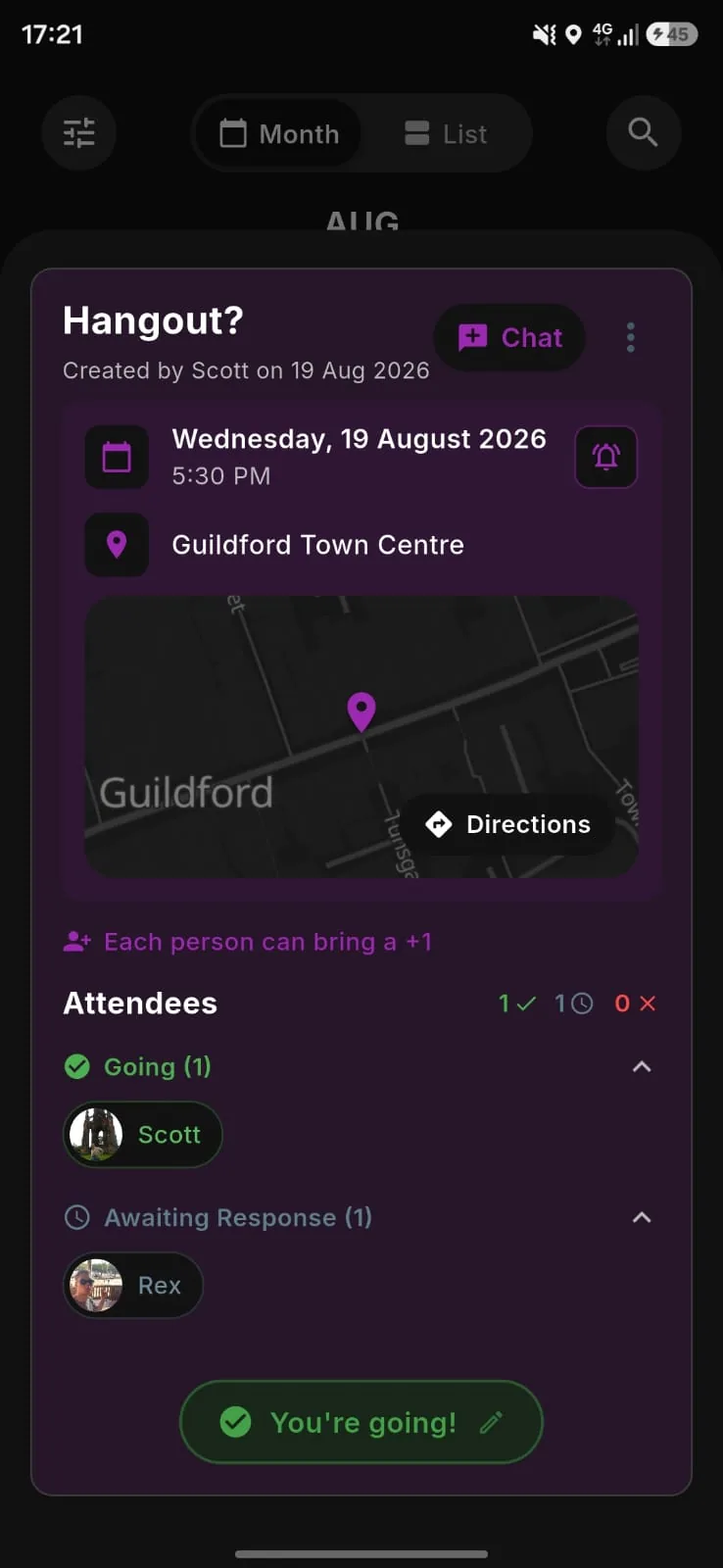 An event with its location, attendees and RSVP state