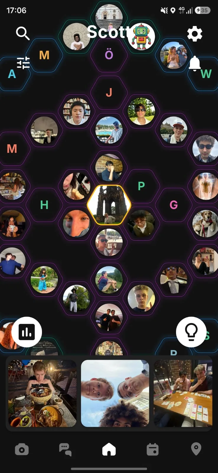 Relay home screen: friends laid out on a hexagon grid around you