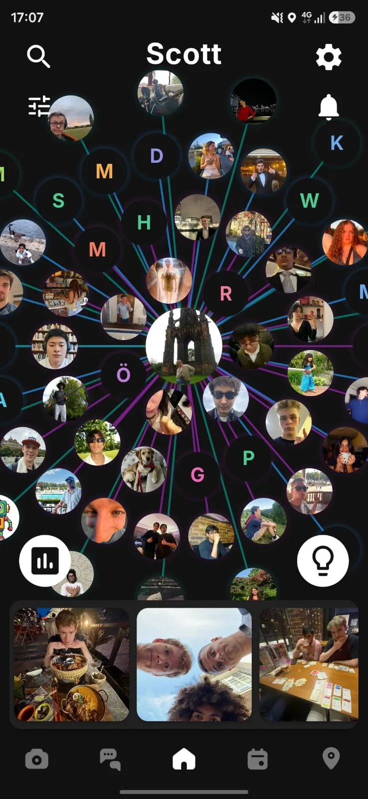 Relay home screen: friends arranged by tier, tethered to you at the centre