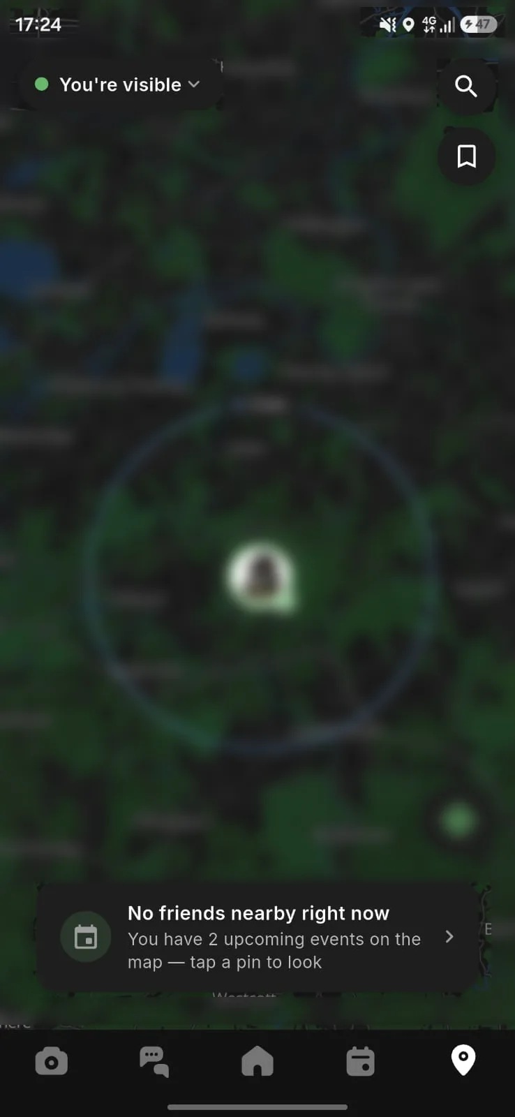 The map showing the 5km radius around you