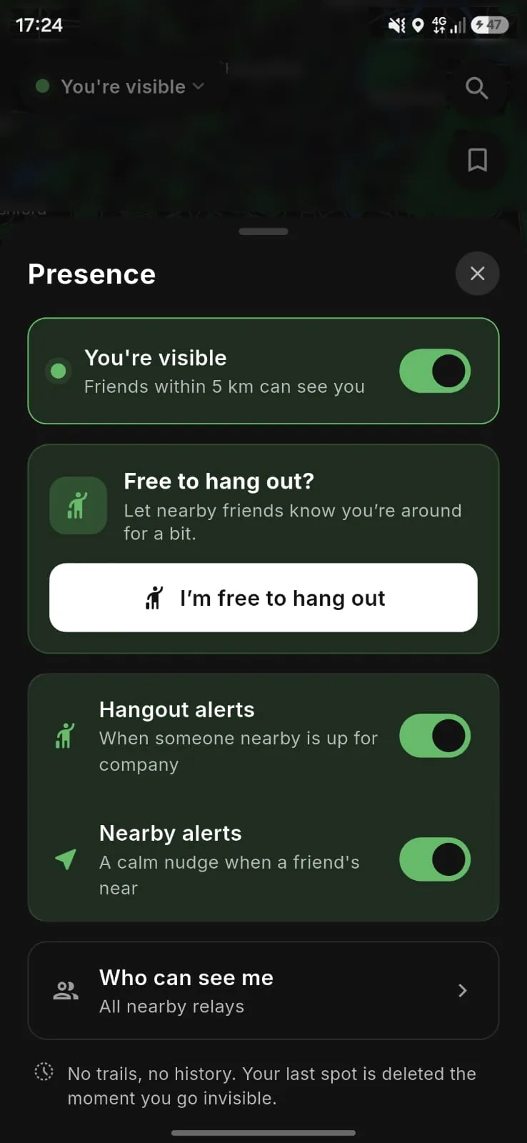 Presence settings: visibility, free to hang out, hangout and nearby alerts