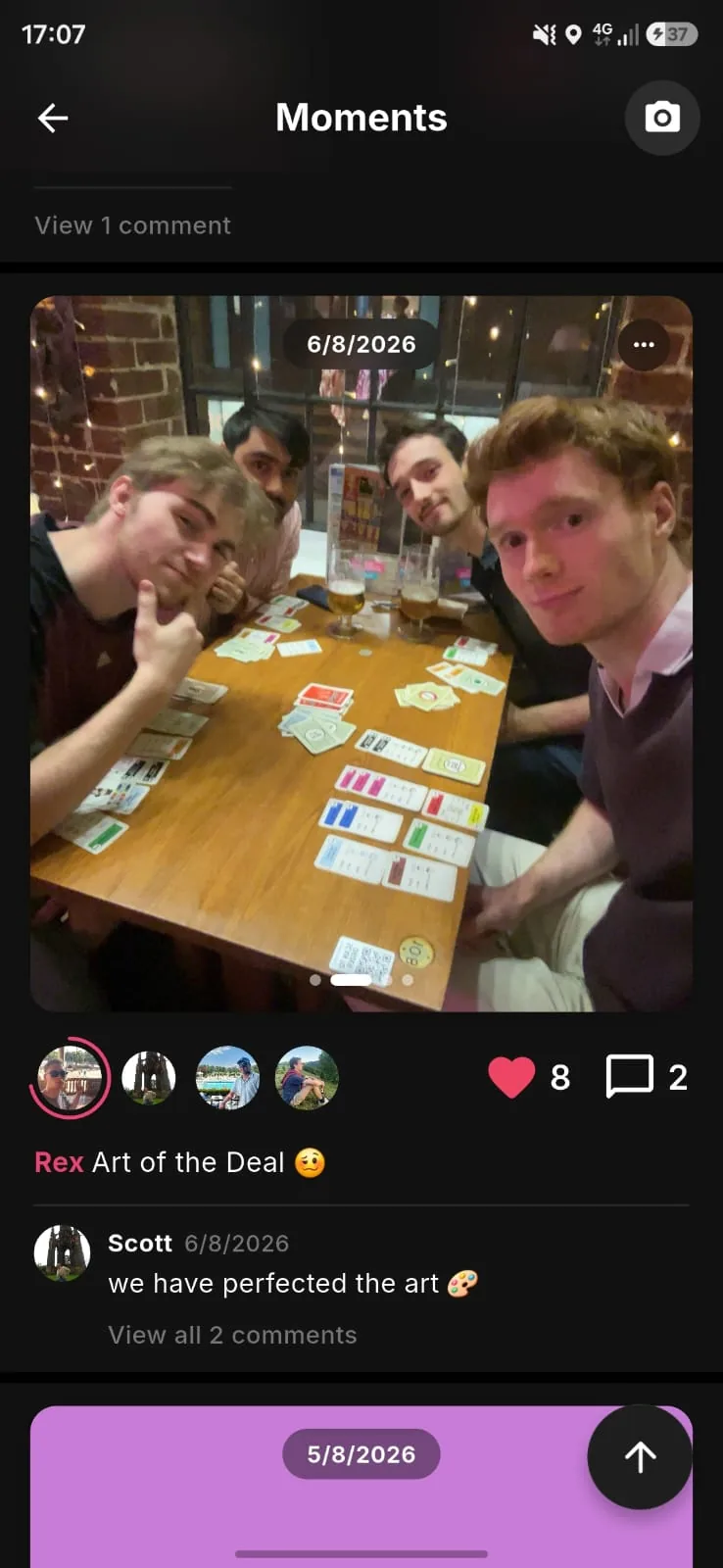 A moment in the feed: a group photo, everyone credited on it, likes and comments
