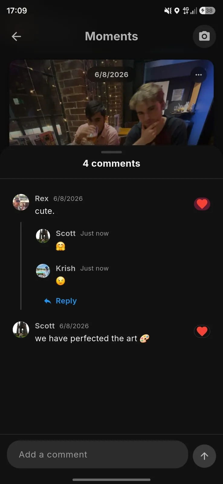 The comments on a moment, with replies underneath